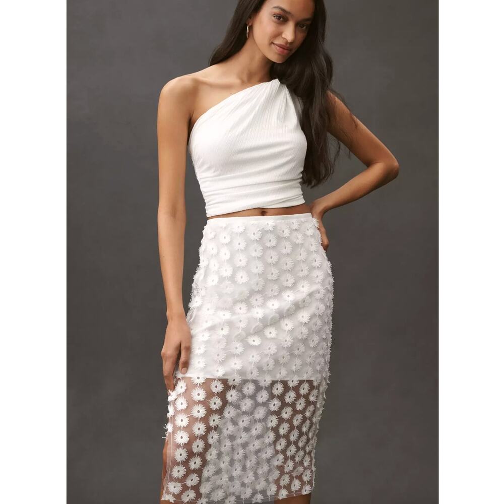 By Anthropologie 3D Texture Sheer Slip Midi Skirt | L, White Floral - Picture 2 of 8